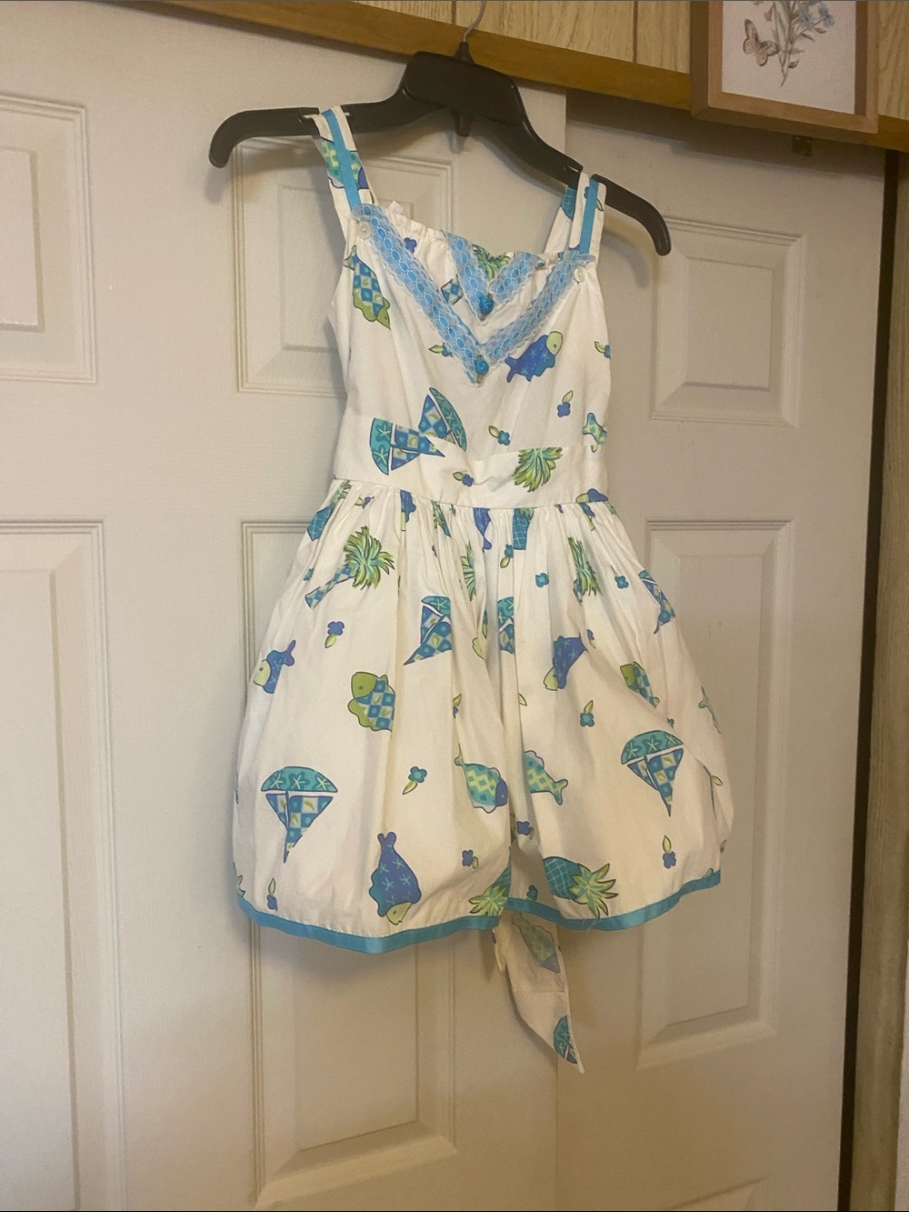 Girls White Dress with Blue & Green Seashell Prints